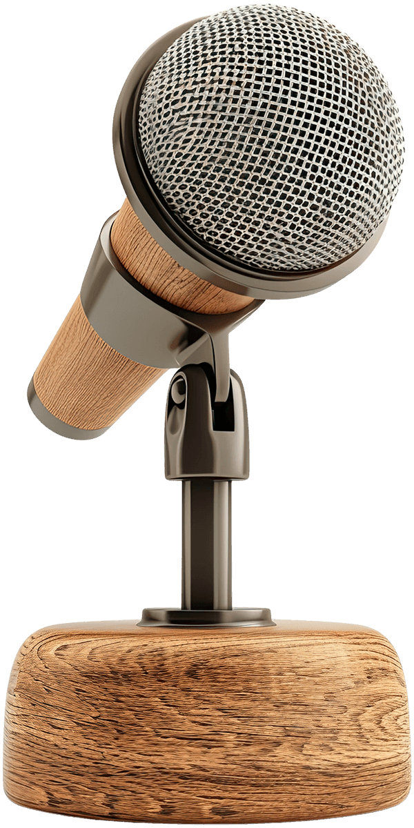 Close-up of a microphone on a stand with a wooden finish.